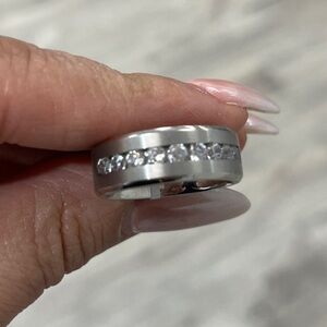 8mm Titanium brushed center shiny beveled edge 9 channel CZ Wedding Band Ring